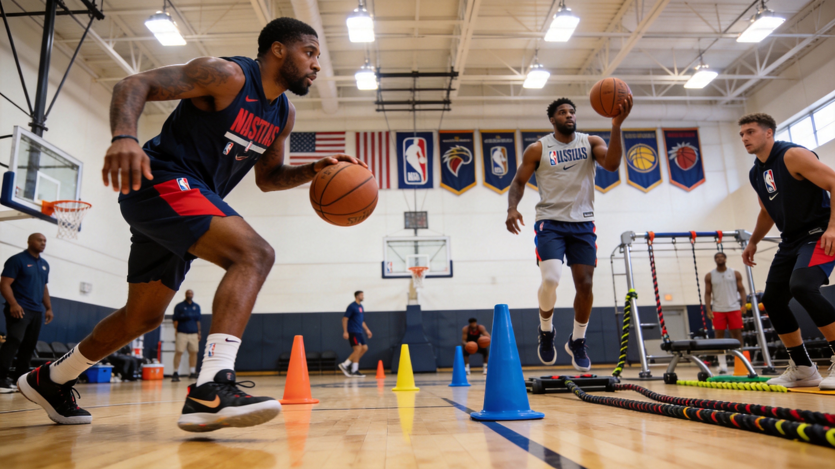 NBA球员在训练馆进行专项体能与技术训练