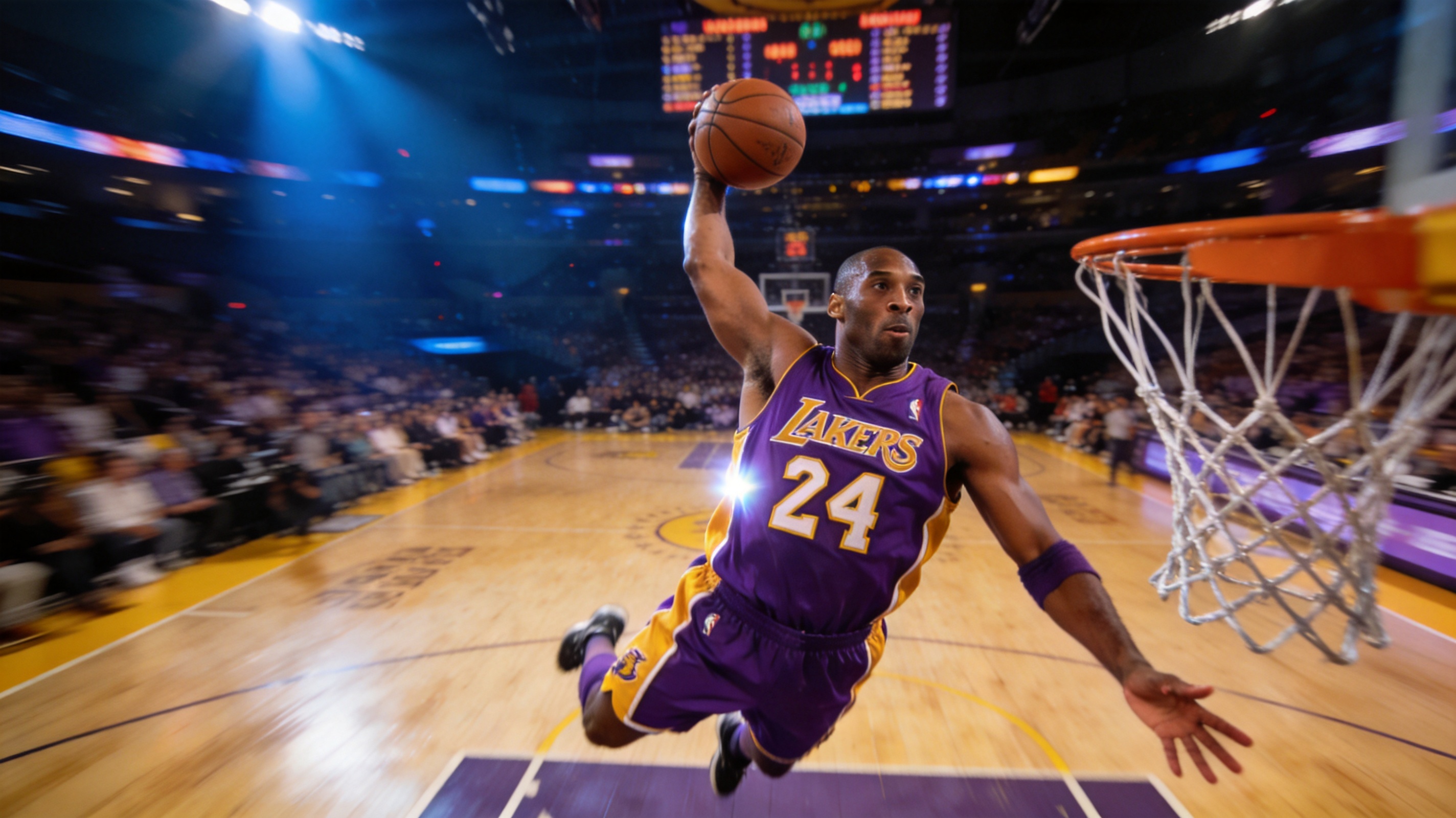 NBA篮球比赛现场，球员空中扣篮瞬间